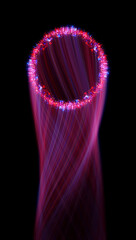 Swirl Stage. Neon glowing circles. Light Trails. Glint bright spiral. Motion ellipse..Slow shutter light trajectory. Long shiny tape. Accelerate twisted ribbon. Glowing dynamic lines.