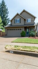 Obraz premium Suburban house with front lawn in a sunny day for real estate or family concept