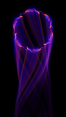 Swirl Stage. Neon glowing circles. Light Trails. Glint bright spiral. Motion ellipse..Slow shutter light trajectory. Long shiny tape. Accelerate twisted ribbon. Glowing dynamic lines.