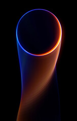 Swirl Stage. Neon glowing circles. Light Trails. Glint bright spiral. Motion ellipse..Slow shutter light trajectory. Long shiny tape. Accelerate twisted ribbon. Glowing dynamic lines.