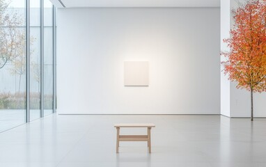 A minimalist interior scene featuring a small wooden table, a blank white canvas on the wall, and an autumnal tree in a modern gallery setting. Bright, natural light illuminates the space, creating a
