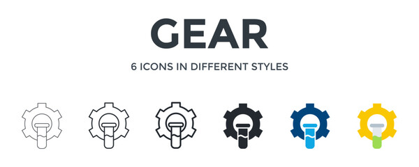 Gear  Icon In Different Style Vector Illustration. Designed In Thin Line, Regular Line, Bold Line, Glyph, Color Fill, And Flat Style Can Be Used For Web