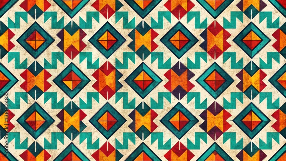 Poster vibrant geometric textile pattern with aztec inspired designs featuring warm and cool tones
