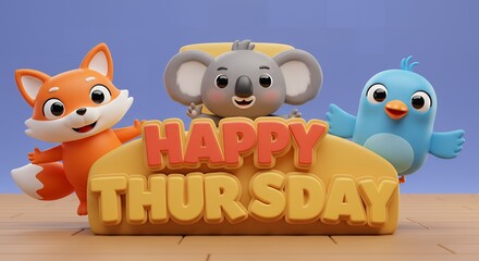 Happy Thursday with Cartoon Fox, Koala and Bird Animation Greeting