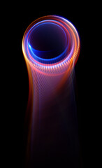 Swirl Stage. Neon glowing circles. Light Trails. Glint bright spiral. Motion ellipse..Slow shutter light trajectory. Long shiny tape. Accelerate twisted ribbon. Glowing dynamic lines.