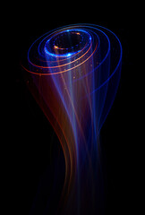 Swirl Stage. Neon glowing circles. Light Trails. Glint bright spiral. Motion ellipse..Slow shutter light trajectory. Long shiny tape. Accelerate twisted ribbon. Glowing dynamic lines.