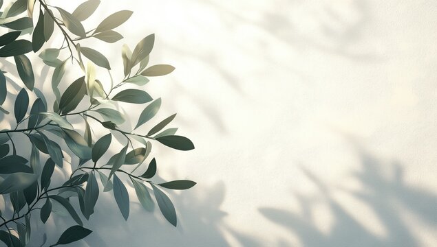 Green leaves branch with soft shadows on white wall for nature background