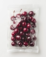 Fresh Red Cherries in Clear Plastic Bag on White Background Top View for Sale