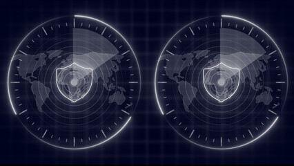 Radar HUD Screen Animation 4K. Motion graphic of colorful sonar radar screen searching an object with world map and line digital technology background, Futuristic animation concept seamless loop video