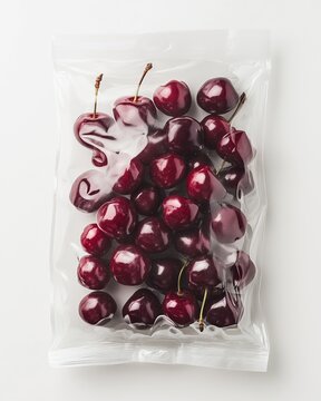 Fototapeta Fresh Red Cherries in Clear Plastic Bag on White Background Top View for Sale