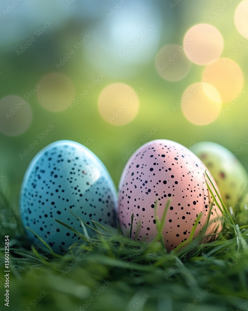Poster colorful speckled easter eggs on green grass with soft focus background and bokeh effect for spring 