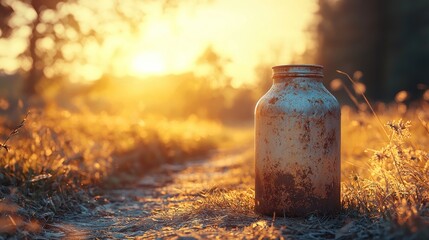 Naklejka premium Rustic metal bottle at sunrise