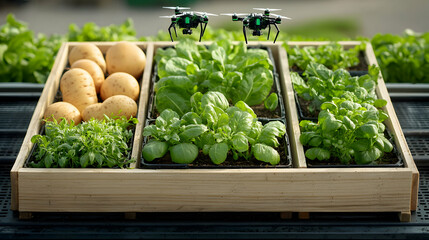 Agricultural drones fly above a wooden container of crops. They monitor potatoes spinach and herbs improving farming efficiency and crop yields. They could monitor soil conditions and health.