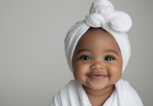 Fototapeta Adorable baby girl wearing white towel on head smiles sweetly with bright eyes in studio shot