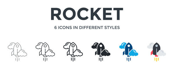 Rocket  Icon In Different Style Vector Illustration. Designed In Thin Line, Regular Line, Bold Line, Glyph, Color Fill, And Flat Style Can Be Used For Web