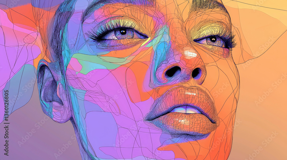 Poster a captivating abstract vector portrait exhibits intricate jagged lines and a rainbow of colors. the 