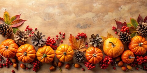 Fototapeta premium Autumnal Harvest Abundance A Bountiful Display of Mini Pumpkins, Pinecones, and Vibrant Fall Foliage on Rustic Wood