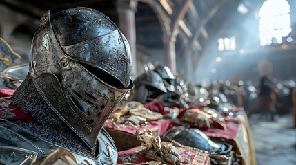 A detailed shot of a knight's helmet and chainmail armor. Suggests a historical or fantasy theme. Ideal for game art concept designs or historical documentaries.