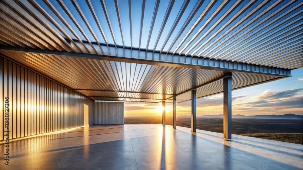 Poster Sunset view from a modern architectural structure with a metal slatted pergola