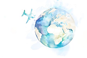 Naklejka premium Watercolor Globe with Airplane