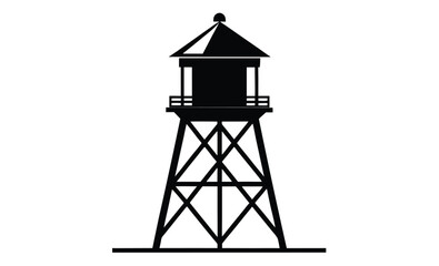Tall water tower front silhouette, Water tower icon, Black silhouette, Vertical front side view, Vector simple flat graphic illustration, Isolated object on a white background