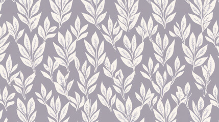 Elegant seamless pattern featuring white botanical leaves on soft gray background, creating vintage and symmetrical floral design perfect for textiles or wallpapers
