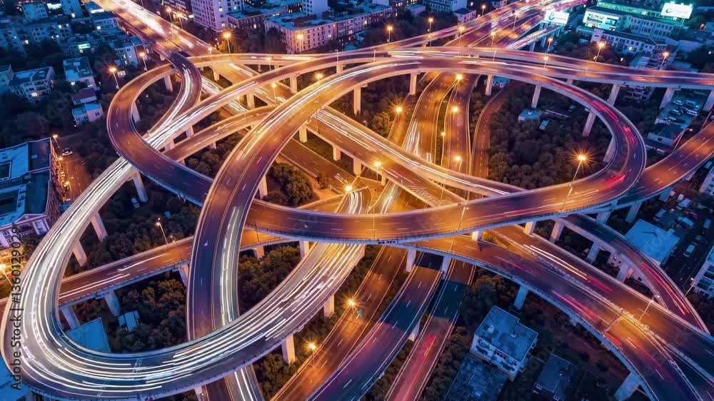 Poster complex multi-level highway intersection with illuminated curved roadways, aerial night view showing