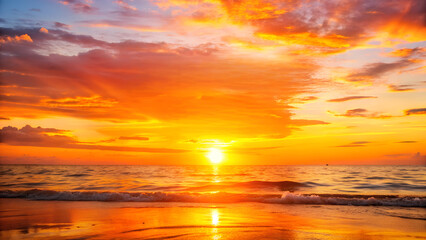 Obraz premium Watercolor sunset background, vibrant oranges and pinks melting into soft yellows, evoking the warmth and joy of the Summer Solstice with copy space 