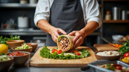 Naklejka premium Chef skillfully wrapping a burrito with fresh ingredients in a lively kitchen