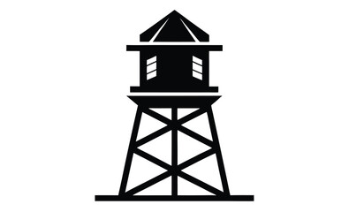 Tall water tower front silhouette, Water tower icon, Black silhouette, Vertical front side view, Vector simple flat graphic illustration, Isolated object on a white background
