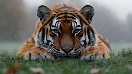 Naklejka premium Majestic tiger in a rainy landscape