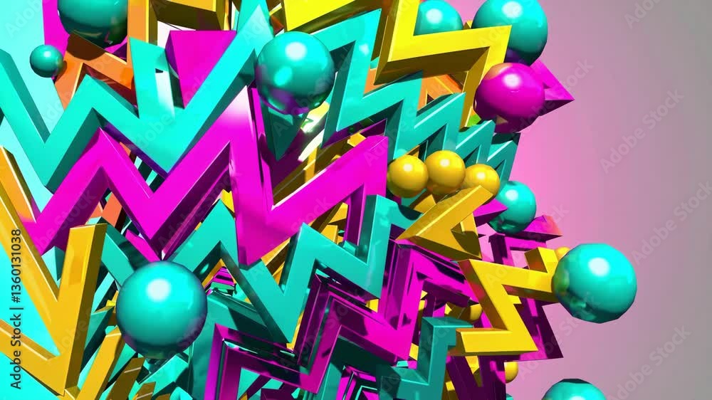 Poster dynamic movement of colorful geometric shapes and spheres in a 3d space