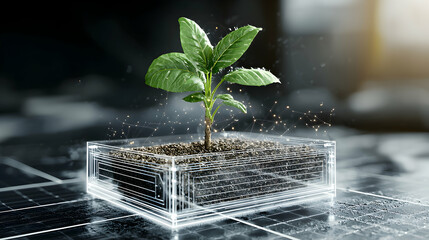 A plant grows in a digital container. It represents the fusion of technology and nature symbolizing sustainable innovation and environmental consciousness.
