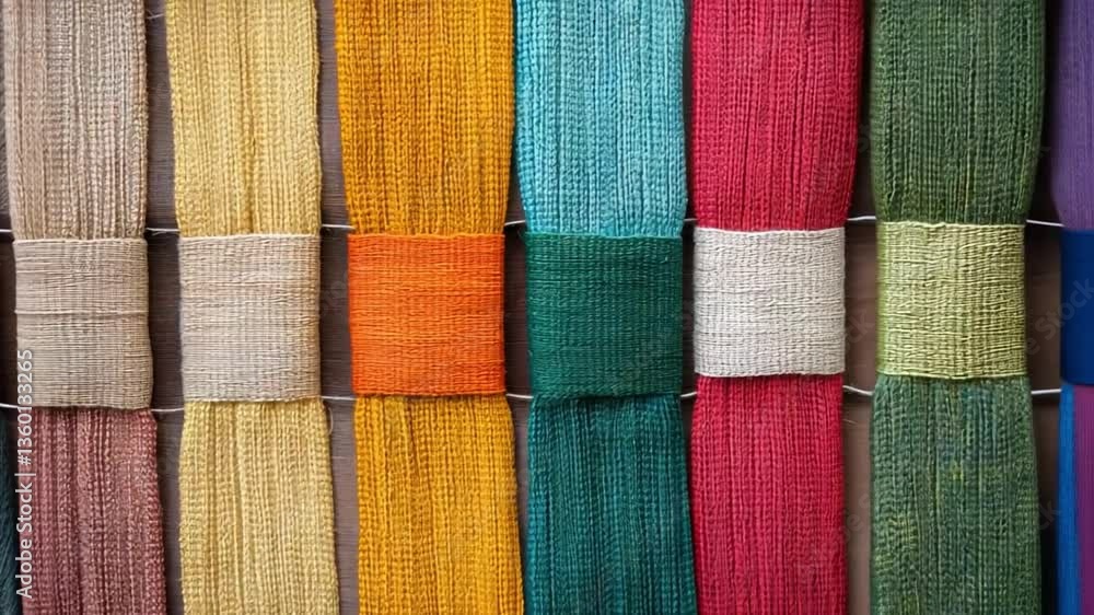 Poster colorful threads in rows displaying varied textures and shades for textile inspiration and crafting 