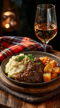 Traditional Scottish haggis with neeps and tatties served on a rustic wooden plate with tartan fabric in the background, celebrating the rich culinary heritage of Scotland