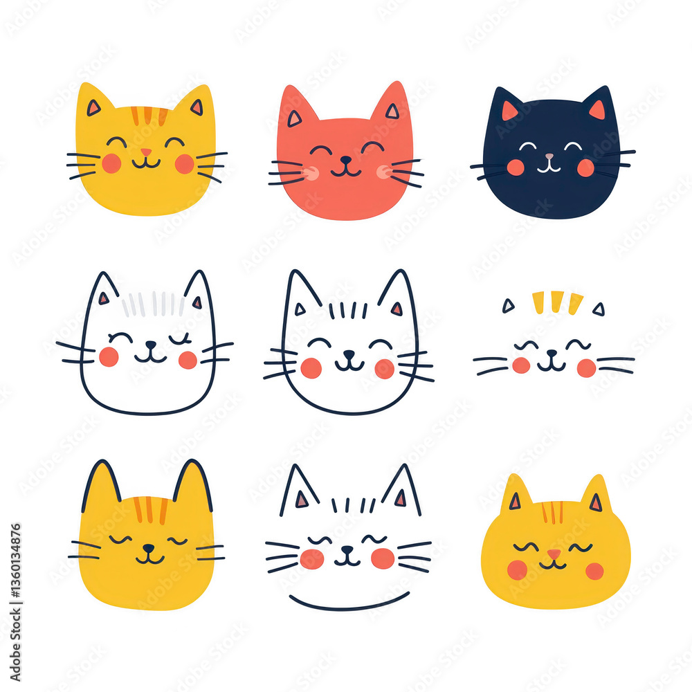 Poster a cute cartoon cat faces with various expressions in grid pattern. illustration features different c