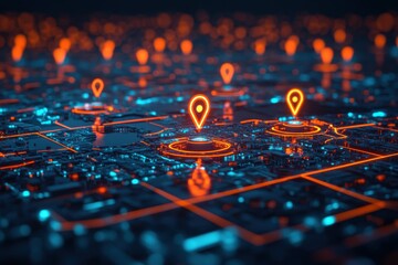 AI tech pins are displayed on delivery routes on a digital map. Future logistics of transportation are shown. Eco-friendly and modern technology come together. Generative Ai