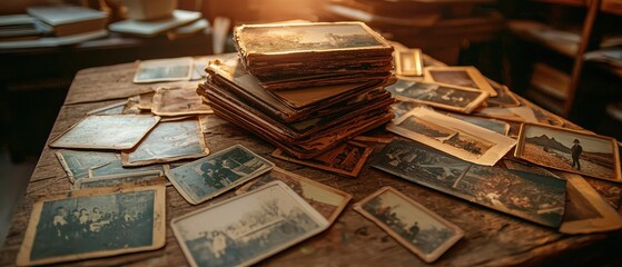 National Sibling Day Stacks of vintage photographs scattered on a wooden table, evoking nostalgia and history.