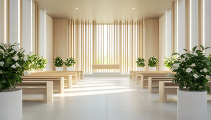 Fototapeta premium Modern Church Interior with Minimalist Altar Design and Natural Light Streaming Through Tall Windows Creating a Serene Atmosphere