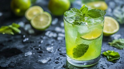 Fototapeta premium A glass of green drink with a lime wedge on top. The drink is served in a glass with ice cubes in it