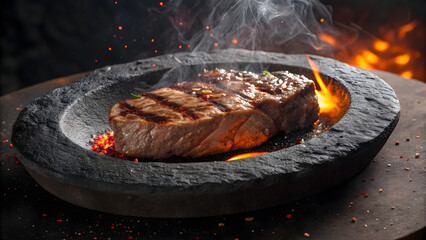 Grilled steak served on volcanic stone, surrounded by smoke and spices, creates dramatic and appetizing presentation