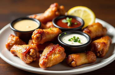 Fototapeta premium Crispy Grilled Chicken Wings Served With A Variety Of Dipping Sauces For A Flavorful And Satisfying Appetizer Experience Always.