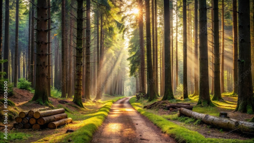 Poster sunlit pathway through a lush, verdant forest with stacks of logs