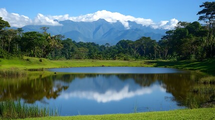 A beautiful scenic landscape with reflective lake and mountains in background