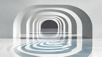 Naklejka premium An architectural design with repeating arches. The water adds a serene and reflective quality. Suggests a minimalist design space or peaceful ambiance.