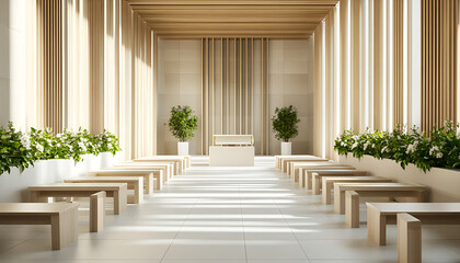 Fototapeta premium Modern Church Interior with Minimalist Altar Design and Natural Light Streaming Through Tall Windows Creating a Serene Atmosphere