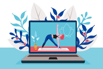 Woman practicing online yoga class on a laptop with floral background. Promoting health and wellness. Flat vector illustration