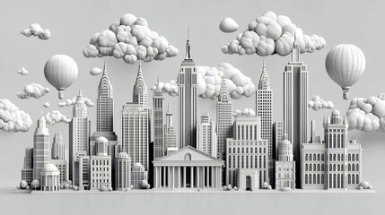 Monochromatic Cityscape with Stylized Clouds and Balloons