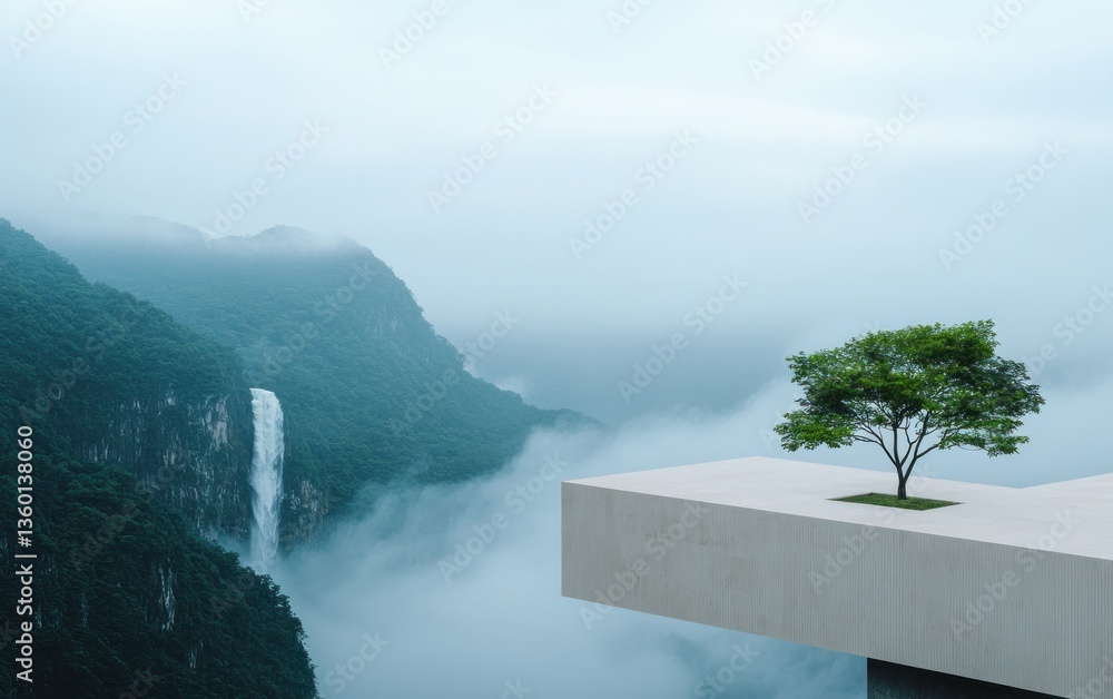Poster a lone tree stands on a minimalist platform extending over a misty mountain valley, featuring a casc