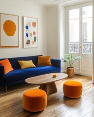 A cozy living room featuring a blue sofa adorned with colorful pillows. two orange ottomans. framed cityscape photos on the wall. and a potted plant. creating a warm and inviting atmosphere